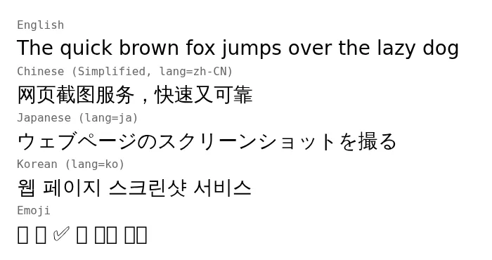 The test page captured in Debian with the font list from Puppeteer's Docker example: the Chinese, Japanese and Korean lines render, but the emoji line is still empty boxes apart from a thin outlined check mark.