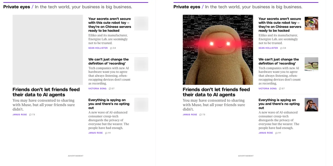 The Verge home page, captured twice. Left, a plain full-page capture: a grey box where the lead photo should be and three blurred grey thumbnails. Right, after switching lazy images to eager: the lead photo of a toy with glowing red eyes and all three thumbnails.