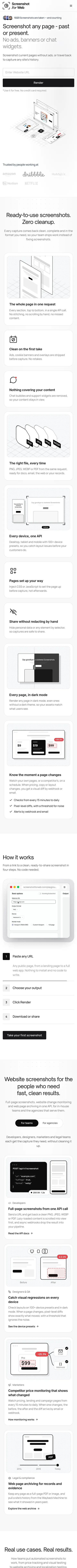 A scrolling screenshot of the Screenshot for Web home page as an iPhone shows it, from top to bottom